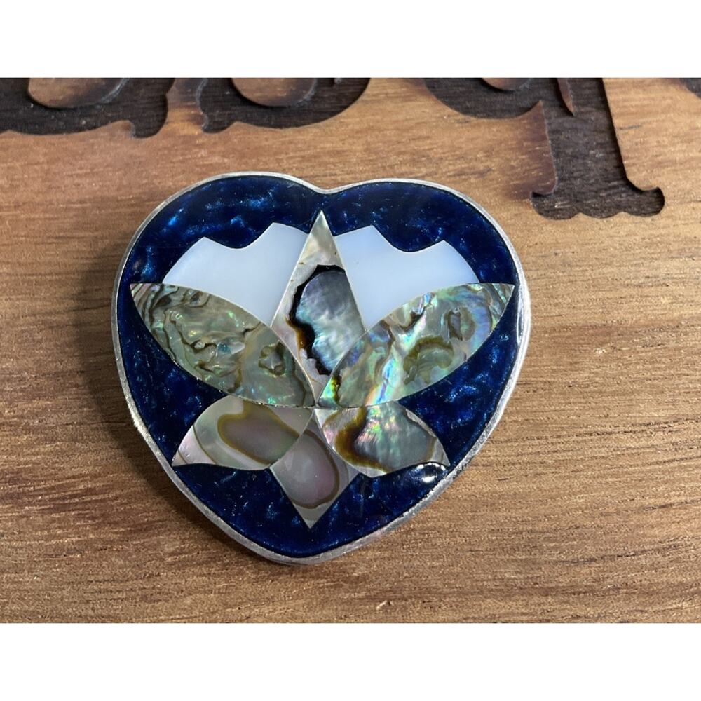 Vintage Alpaca Mexico Abalone Shell Heart Brooch Pin Floral Inlay Mother Pearl